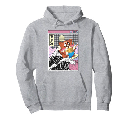 Fox Surfing Kanagawa Wave Kawaii Vaporwave Hoodie - Unique Graphic Unisex - T-Shirt, Sweatshirt, Hoodie
