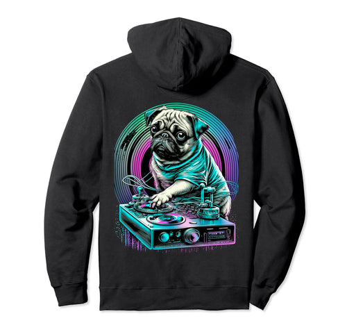 Backprint Synthwave Dogs Pug Music Hoodie - Casual Everyday Wear Men Women - T-Shirt, Sweatshirt, Hoodie