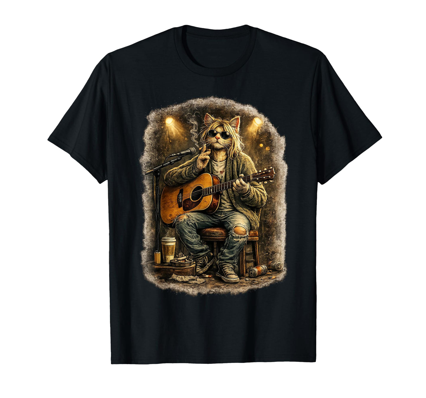 Cat Playing Guitar Grunge Acoustic Rock T-Shirt - Trendy Graphic Men Women - T-Shirt, Sweatshirt, Hoodie