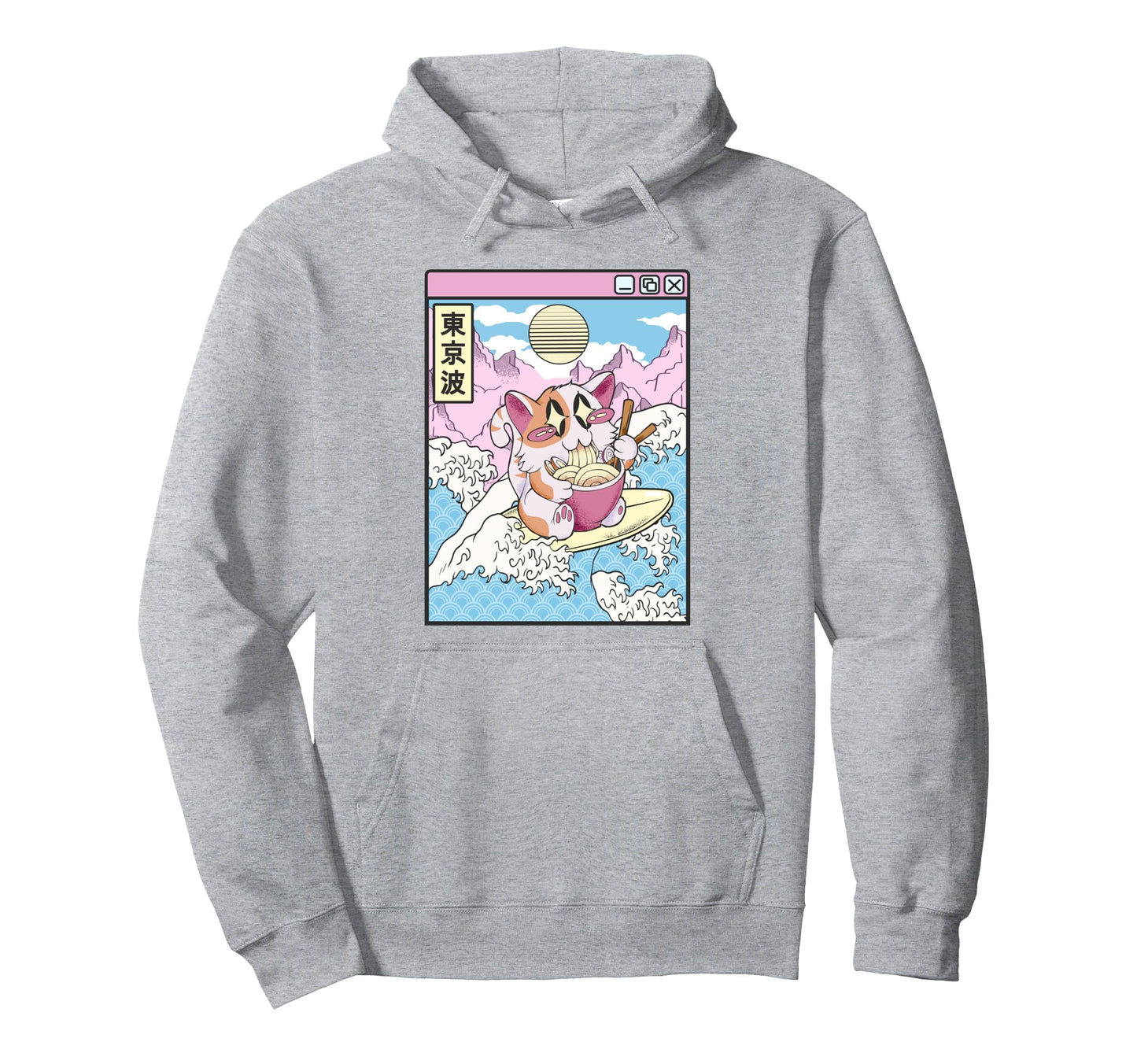 Surfing Cat Eating Ramen Japanese Waves Hoodie - Unique Graphic Men Women - T-Shirt, Sweatshirt, Hoodie