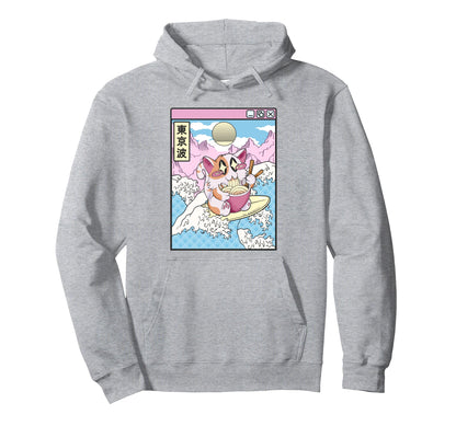 Surfing Cat Eating Ramen Japanese Waves Hoodie - Unique Graphic Men Women - T-Shirt, Sweatshirt, Hoodie