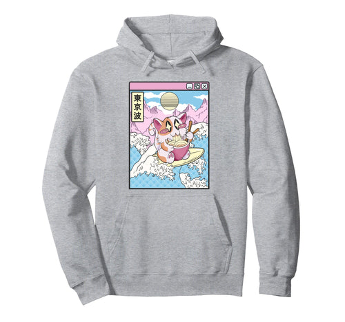 Surfing Cat Eating Ramen Japanese Waves Hoodie - Unique Graphic Men Women - T-Shirt, Sweatshirt, Hoodie