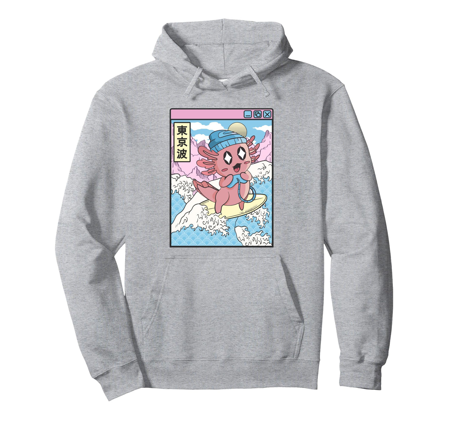 Gaming Axolotl Surfing Japanese Wave Pastel Hoodie - Graphic Print Unisex - T-Shirt, Sweatshirt, Hoodie