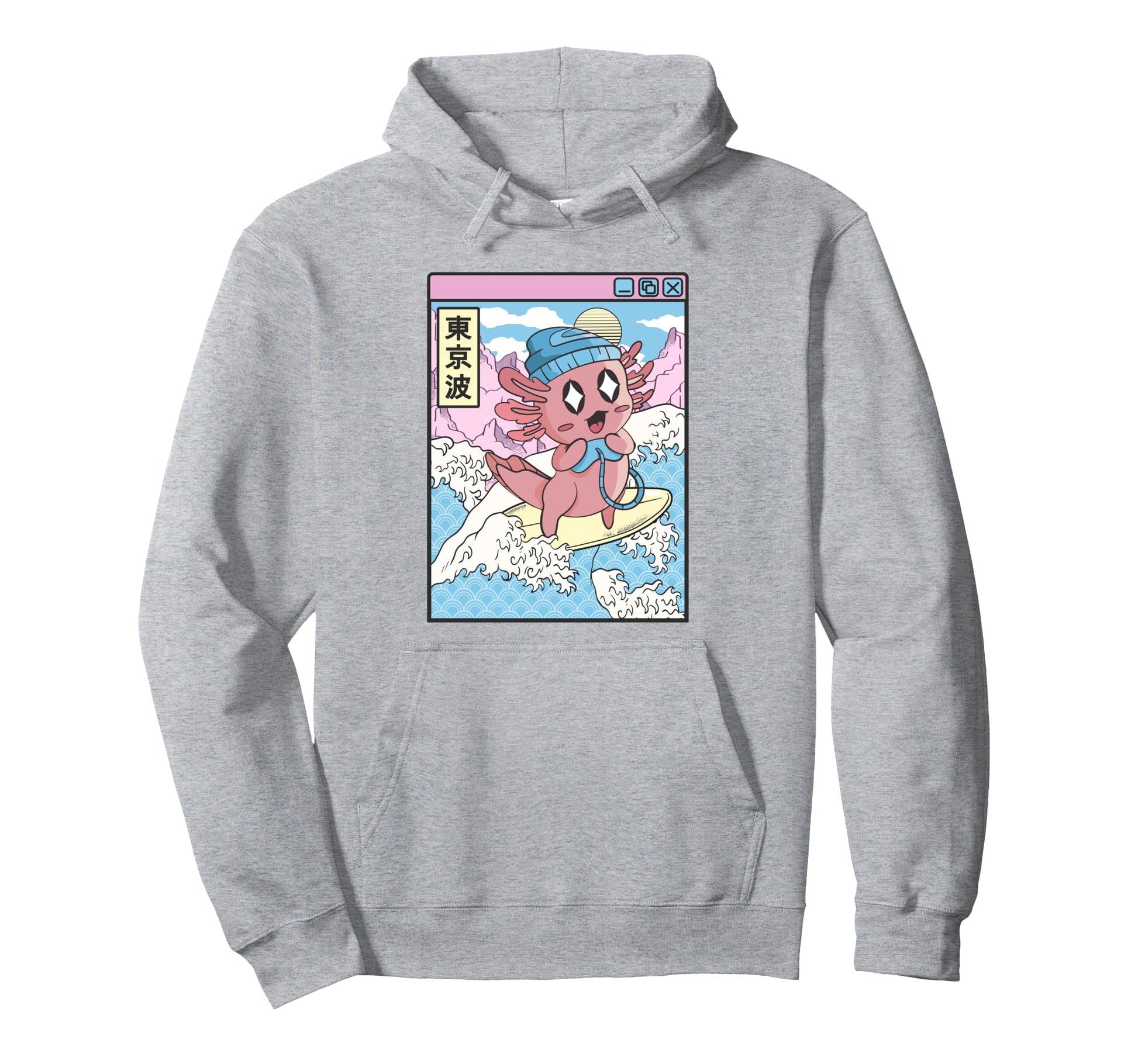 Gaming Axolotl Surfing Japanese Wave Pastel Hoodie - Graphic Print Unisex - T-Shirt, Sweatshirt, Hoodie