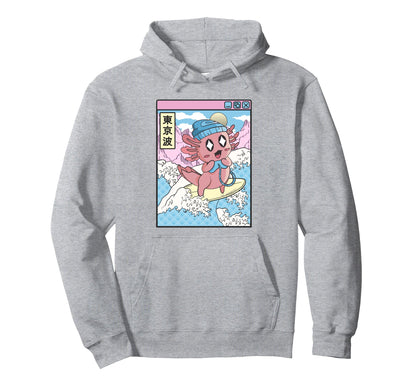 Gaming Axolotl Surfing Japanese Wave Pastel Hoodie - Graphic Print Unisex - T-Shirt, Sweatshirt, Hoodie
