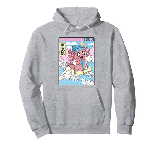 Gaming Axolotl Surfing Japanese Wave Pastel Hoodie - Graphic Print Unisex - T-Shirt, Sweatshirt, Hoodie