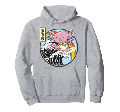 Axolotl Eating Ramen Kanagawa Wave Hoodie - Novelty Apparel Men Women - T-Shirt, Sweatshirt, Hoodie