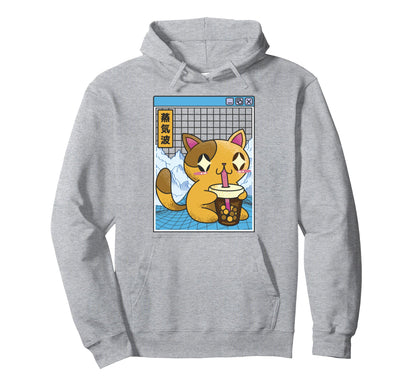 Cat Drinking Bubble Tea Boba Japan Hoodie - Minimalist Print Men Women - T-Shirt, Sweatshirt, Hoodie