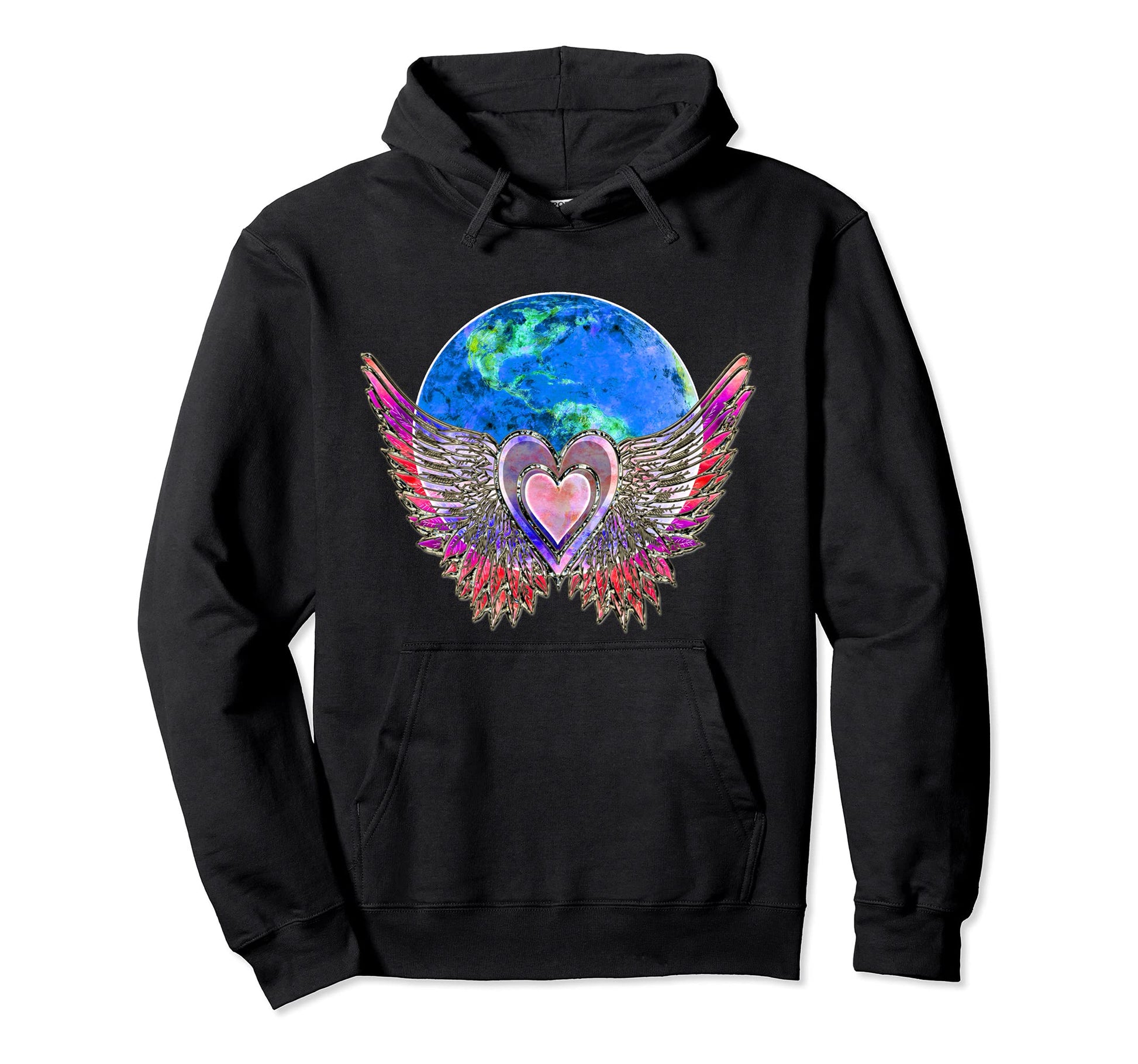 Heart Angel Wings Earth Love Peace Hoodie - Unique Graphic Men Women - T-Shirt, Sweatshirt, Hoodie