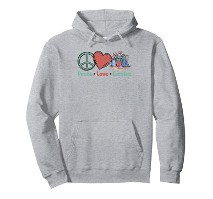 Peace Love Gardening Botanical Horticulture Hoodie - Unique Graphic Unisex - T-Shirt, Sweatshirt, Hoodie