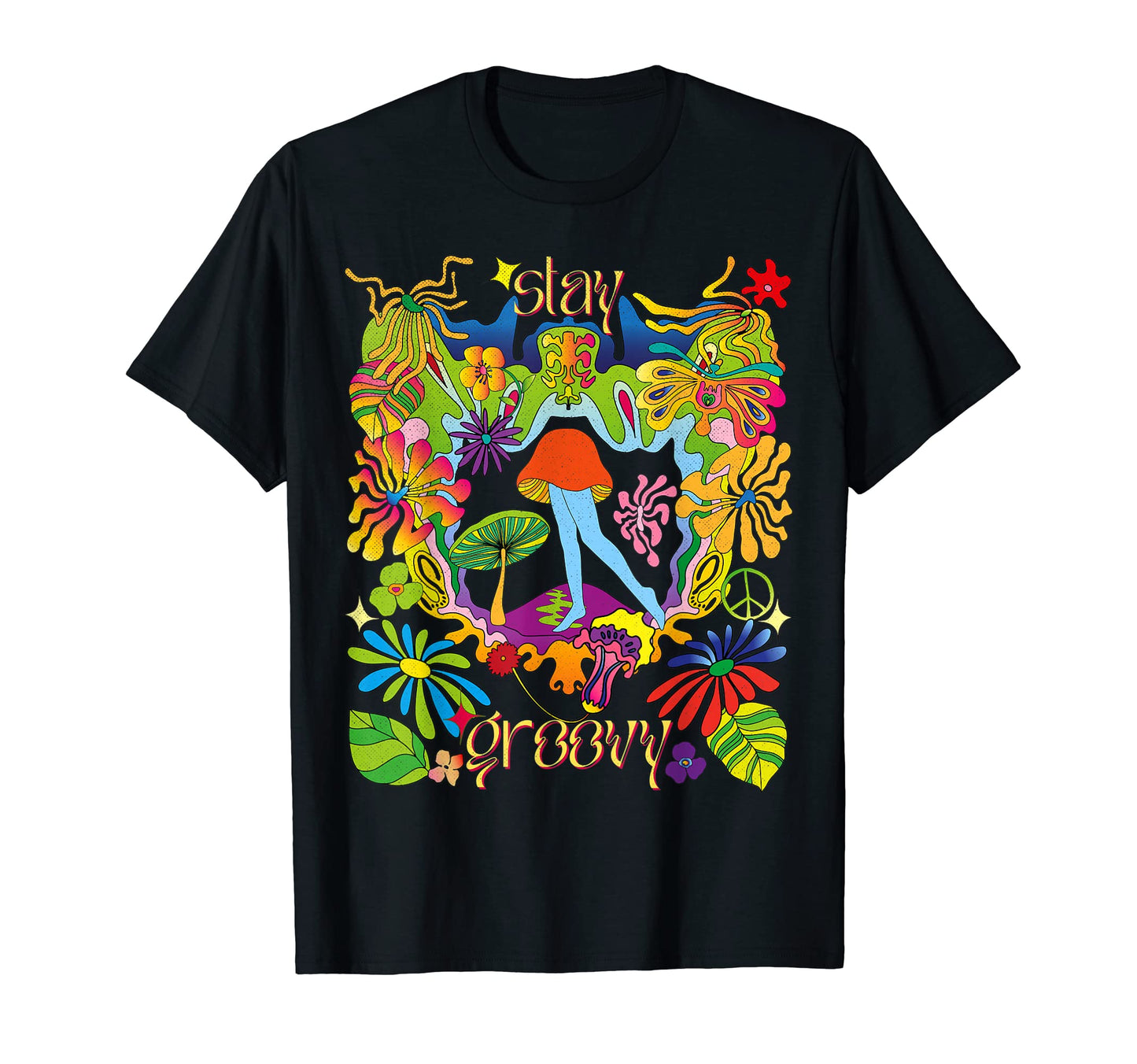 Stay Groovy 70S Rainbow Butterfly Mushroom T-Shirt - Trendy Graphic Unisex - T-Shirt, Sweatshirt, Hoodie