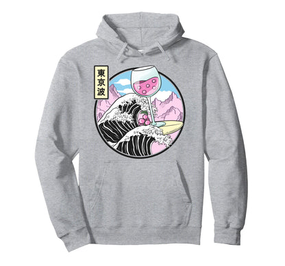 Surfing Wine Glass Kanagawa Wave Hoodie - Aesthetic Graphic for Adults - T-Shirt, Sweatshirt, Hoodie