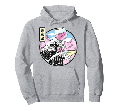 Surfing Wine Glass Kanagawa Wave Hoodie - Aesthetic Graphic for Adults - T-Shirt, Sweatshirt, Hoodie