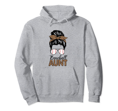 Baseball Aunt Life Messy Bun Hair Leopard Hoodie - Novelty Apparel Unisex - T-Shirt, Sweatshirt, Hoodie