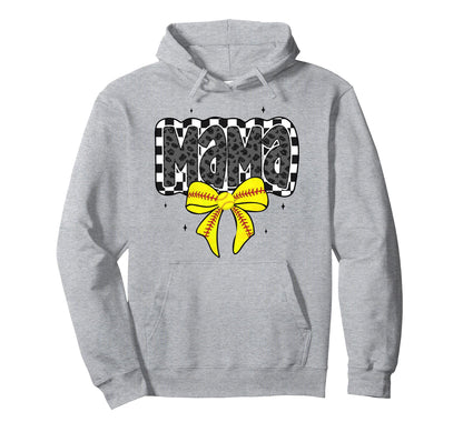 Checker Softball Mama Softball Bow Hoodie - Trendy Graphic Men Women - T-Shirt, Sweatshirt, Hoodie