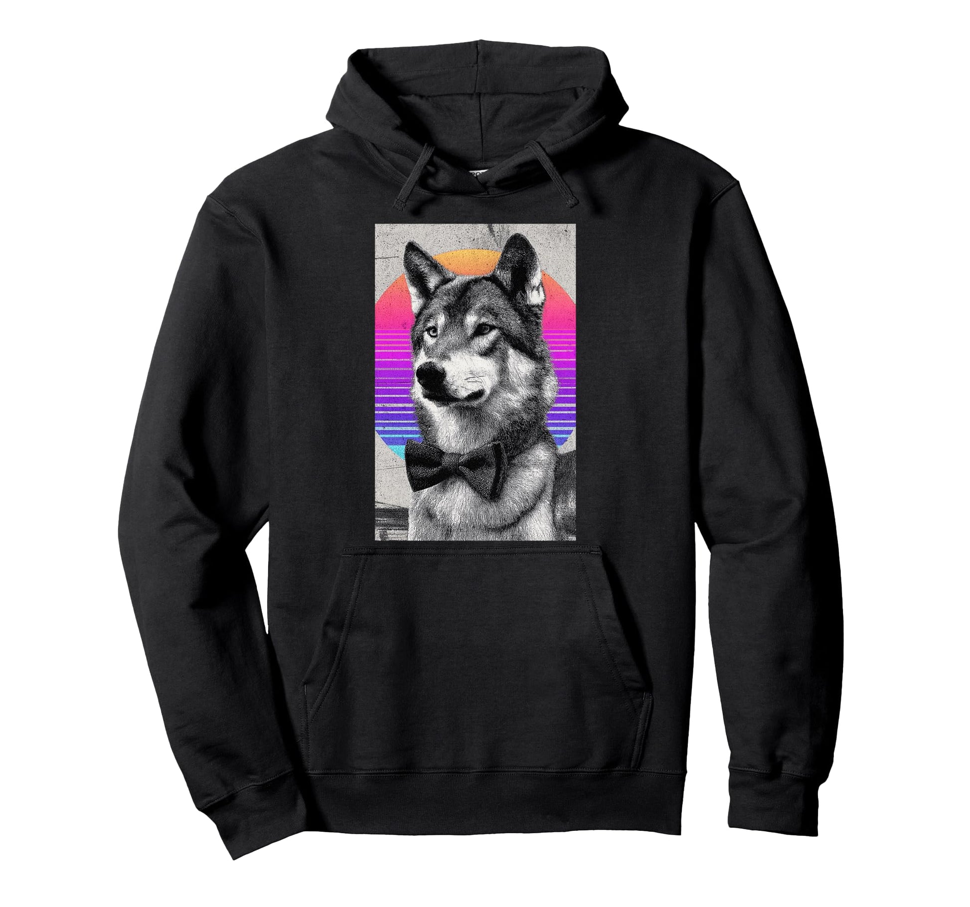 Funny Wolf Bow Tie 80S Synthwave Hoodie - Casual Everyday Wear for Adults - T-Shirt, Sweatshirt, Hoodie