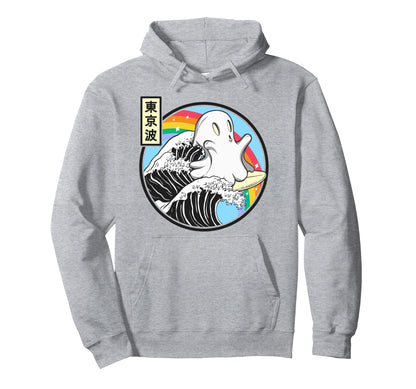 Ghost Surfing Great Wave Kawaii Rainbow Hoodie - Unique Graphic Men Women - T-Shirt, Sweatshirt, Hoodie