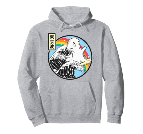 Ghost Surfing Great Wave Kawaii Rainbow Hoodie - Unique Graphic Men Women - T-Shirt, Sweatshirt, Hoodie
