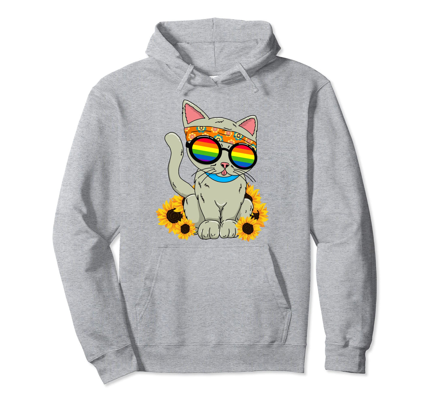 Funny Cat Sunflower Rainbow Hippie Hoodie - Novelty Apparel for Adults - T-Shirt, Sweatshirt, Hoodie