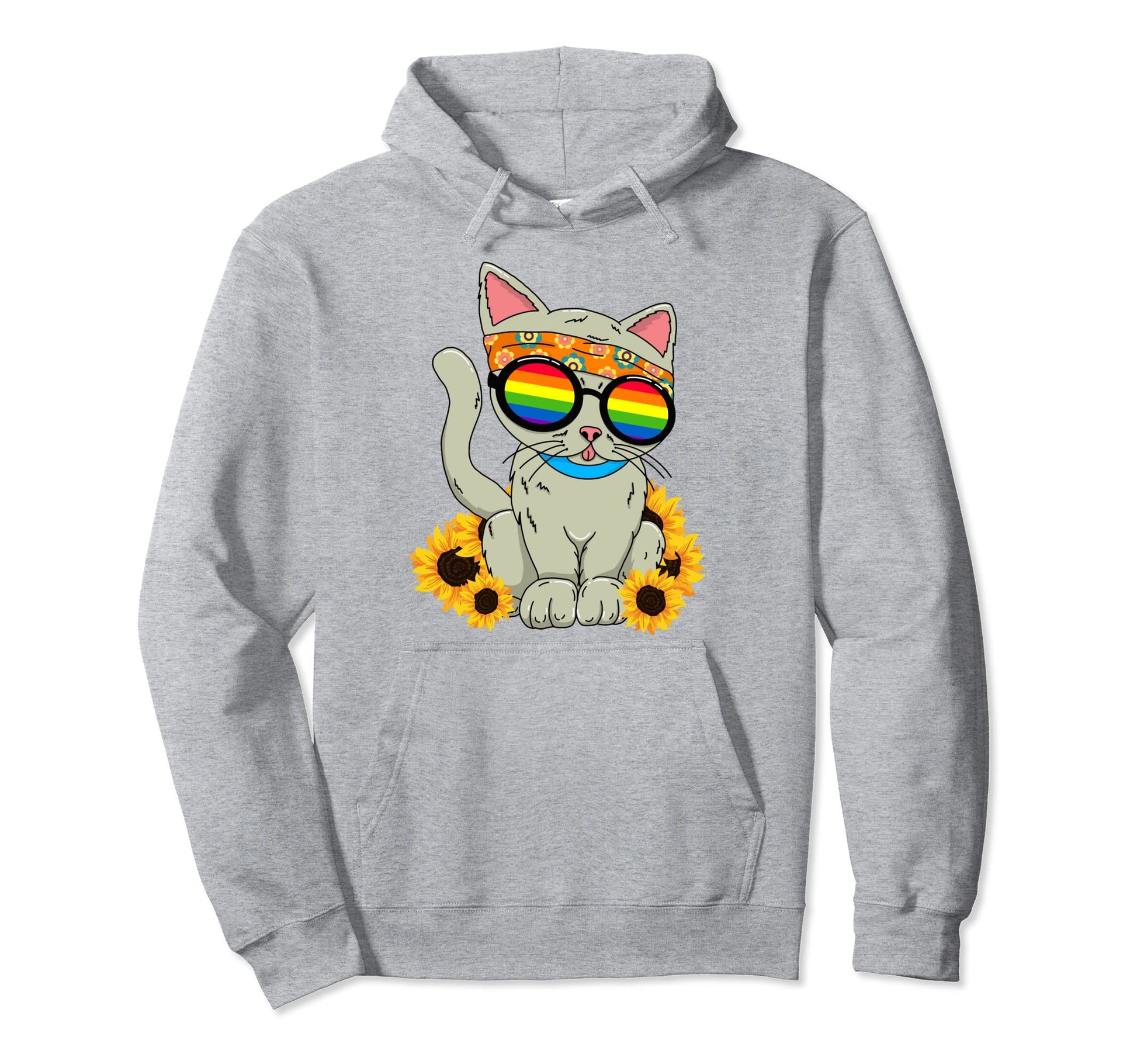 Funny Cat Sunflower Rainbow Hippie Hoodie - Novelty Apparel for Adults - T-Shirt, Sweatshirt, Hoodie