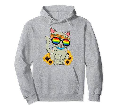 Funny Cat Sunflower Rainbow Hippie Hoodie - Novelty Apparel for Adults - T-Shirt, Sweatshirt, Hoodie