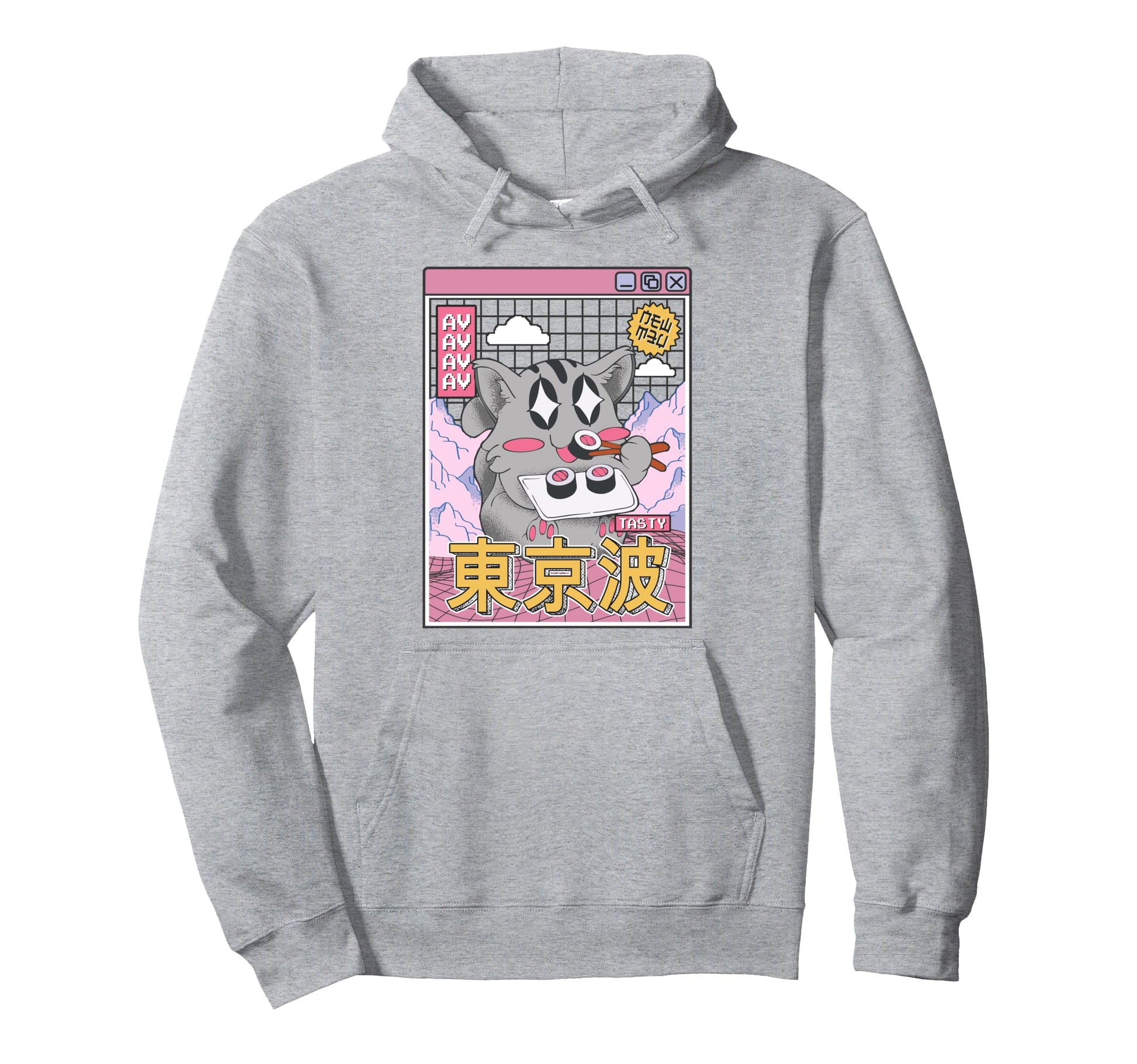 Happy Cat Eating Sushi Vaporwave Hoodie - Streetwear Style for Adults - T-Shirt, Sweatshirt, Hoodie