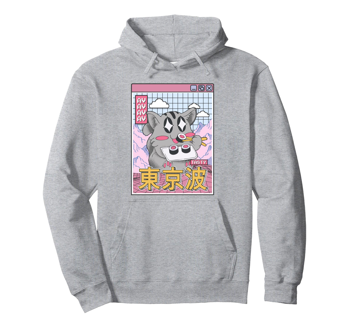 Happy Cat Eating Sushi Vaporwave Hoodie - Minimalist Print Unisex - T-Shirt, Sweatshirt, Hoodie
