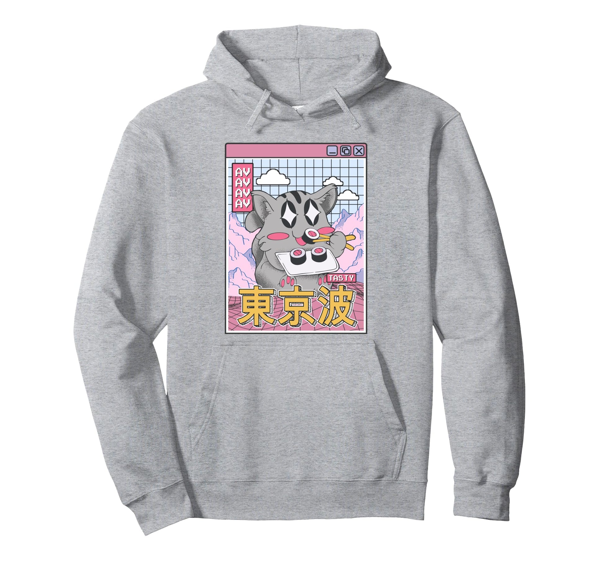 Happy Cat Eating Sushi Vaporwave Hoodie - Minimalist Print Unisex - T-Shirt, Sweatshirt, Hoodie