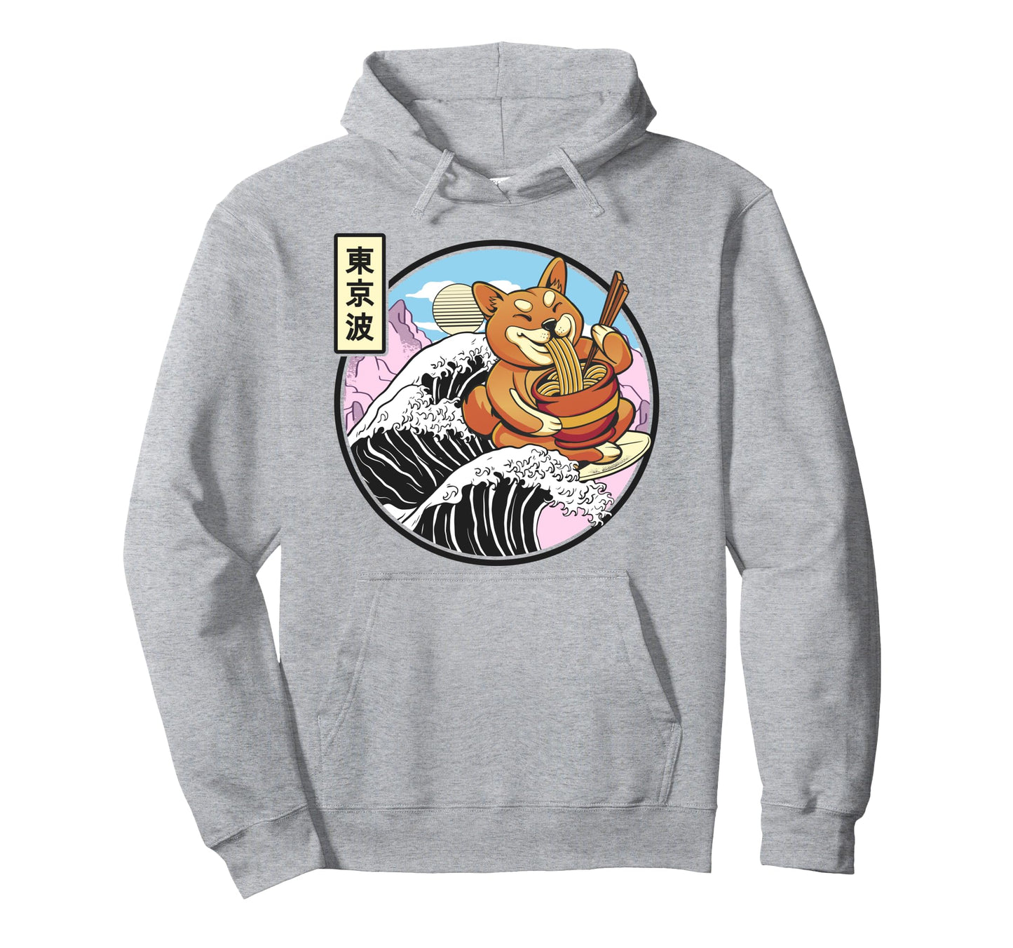 Surfing Shiba Inu Eating Ramen Hoodie - Minimalist Print Men Women - T-Shirt, Sweatshirt, Hoodie