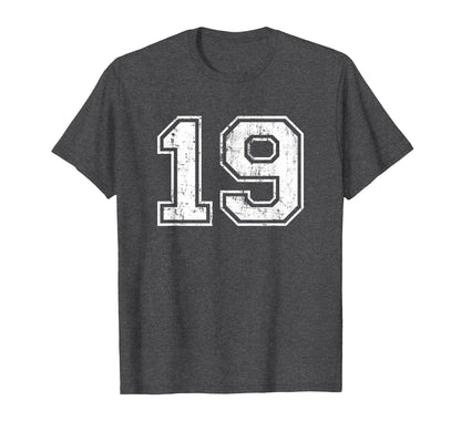 Number 19 Varsity Distressed Sports T-Shirt - Fun Novelty Design Men Women - T-Shirt, Sweatshirt, Hoodie