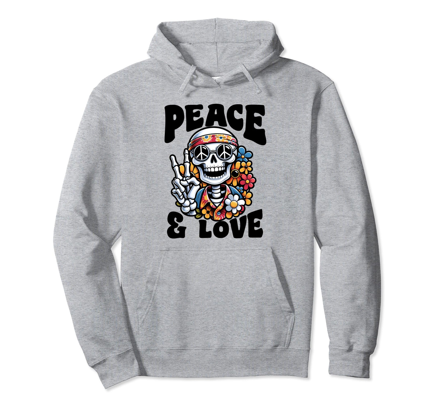 Peace Love 60 Skeleton Hippie Peace Sign Hoodie - Graphic Print Unisex - T-Shirt, Sweatshirt, Hoodie