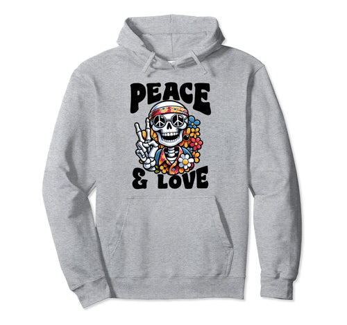Peace Love 60 Skeleton Hippie Peace Sign Hoodie - Graphic Print Unisex - T-Shirt, Sweatshirt, Hoodie