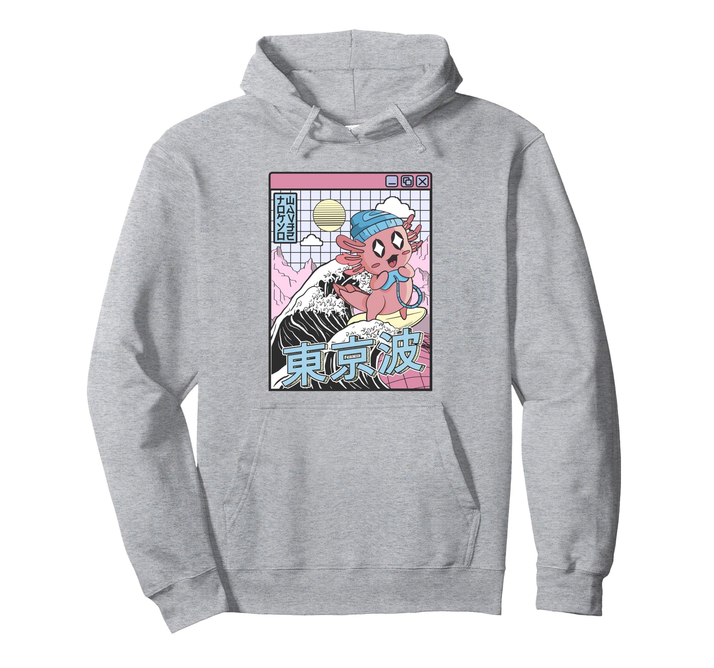 Gaming Axolotl Surfing Kanagawa Wave Hoodie - Aesthetic Graphic Men Women - T-Shirt, Sweatshirt, Hoodie