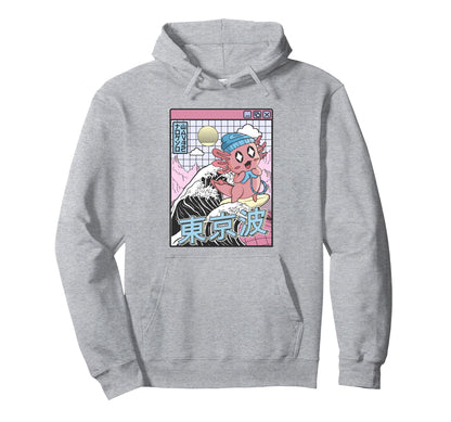 Gaming Axolotl Surfing Kanagawa Wave Hoodie - Aesthetic Graphic Men Women - T-Shirt, Sweatshirt, Hoodie