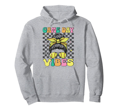 Softball Game Day Vibes Messy Bun Softball Hoodie - Unique Graphic Unisex - T-Shirt, Sweatshirt, Hoodie