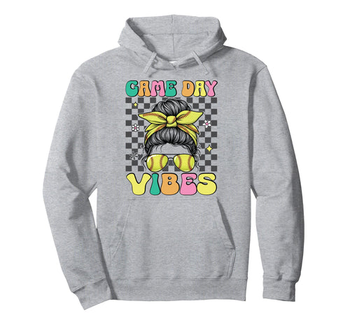 Softball Game Day Vibes Messy Bun Softball Hoodie - Unique Graphic Unisex - T-Shirt, Sweatshirt, Hoodie