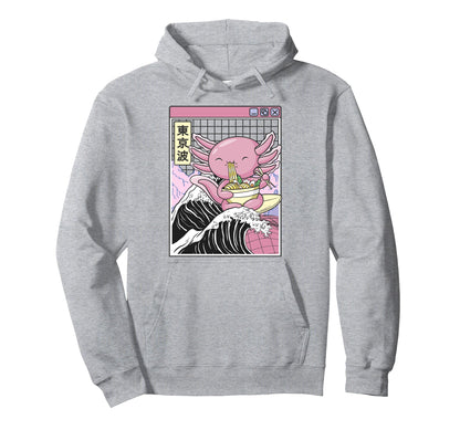 Axolotl Eating Ramen Kanagawa Wave Kawaii Hoodie - Trendy Graphic Unisex - T-Shirt, Sweatshirt, Hoodie