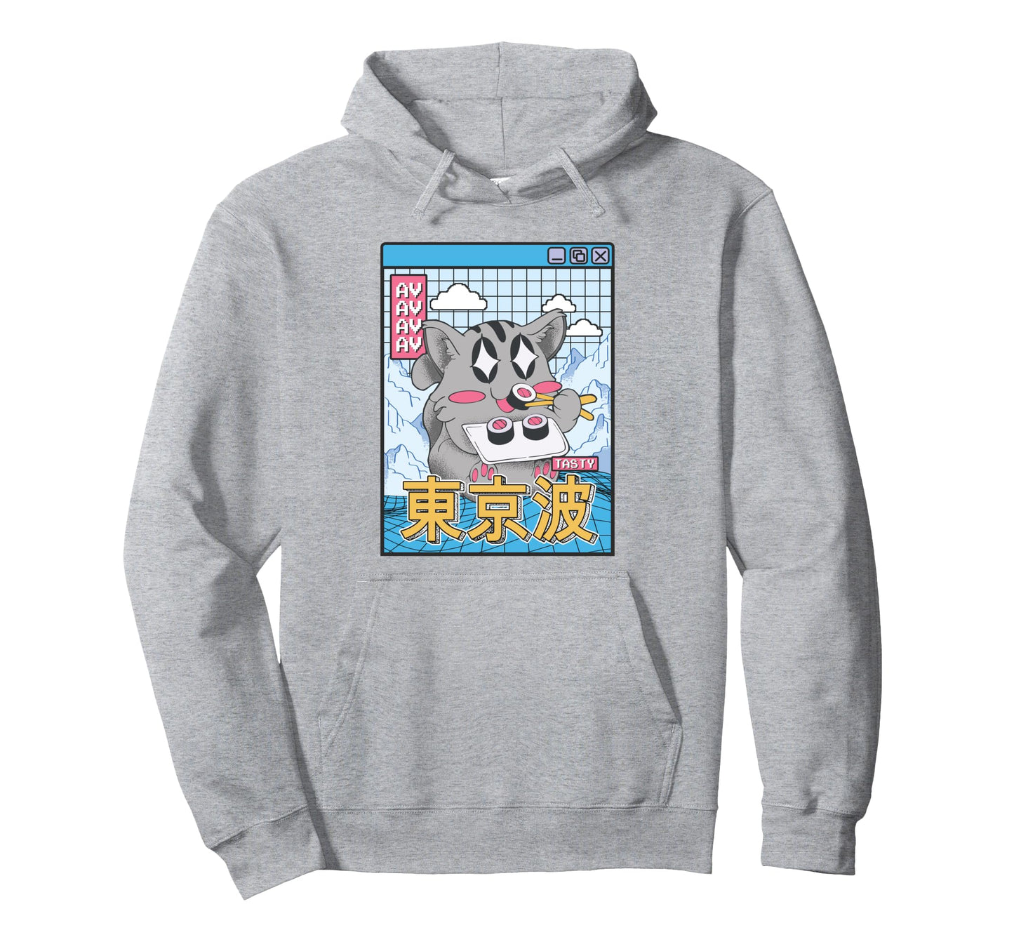 Happy Cat Eating Sushi Vaporwave Hoodie - Unique Graphic Men Women - T-Shirt, Sweatshirt, Hoodie
