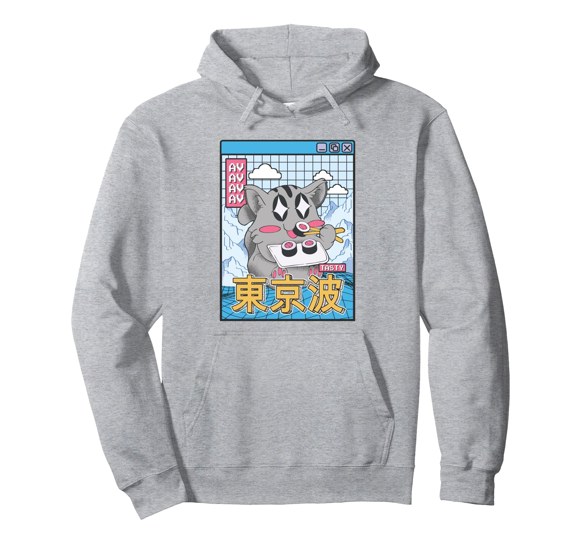 Happy Cat Eating Sushi Vaporwave Hoodie - Unique Graphic Men Women - T-Shirt, Sweatshirt, Hoodie
