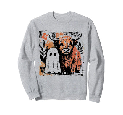 Boho Floral Highland Cow And Ghost Sweatshirt - Fun Novelty Design Unisex - T-Shirt, Sweatshirt, Hoodie