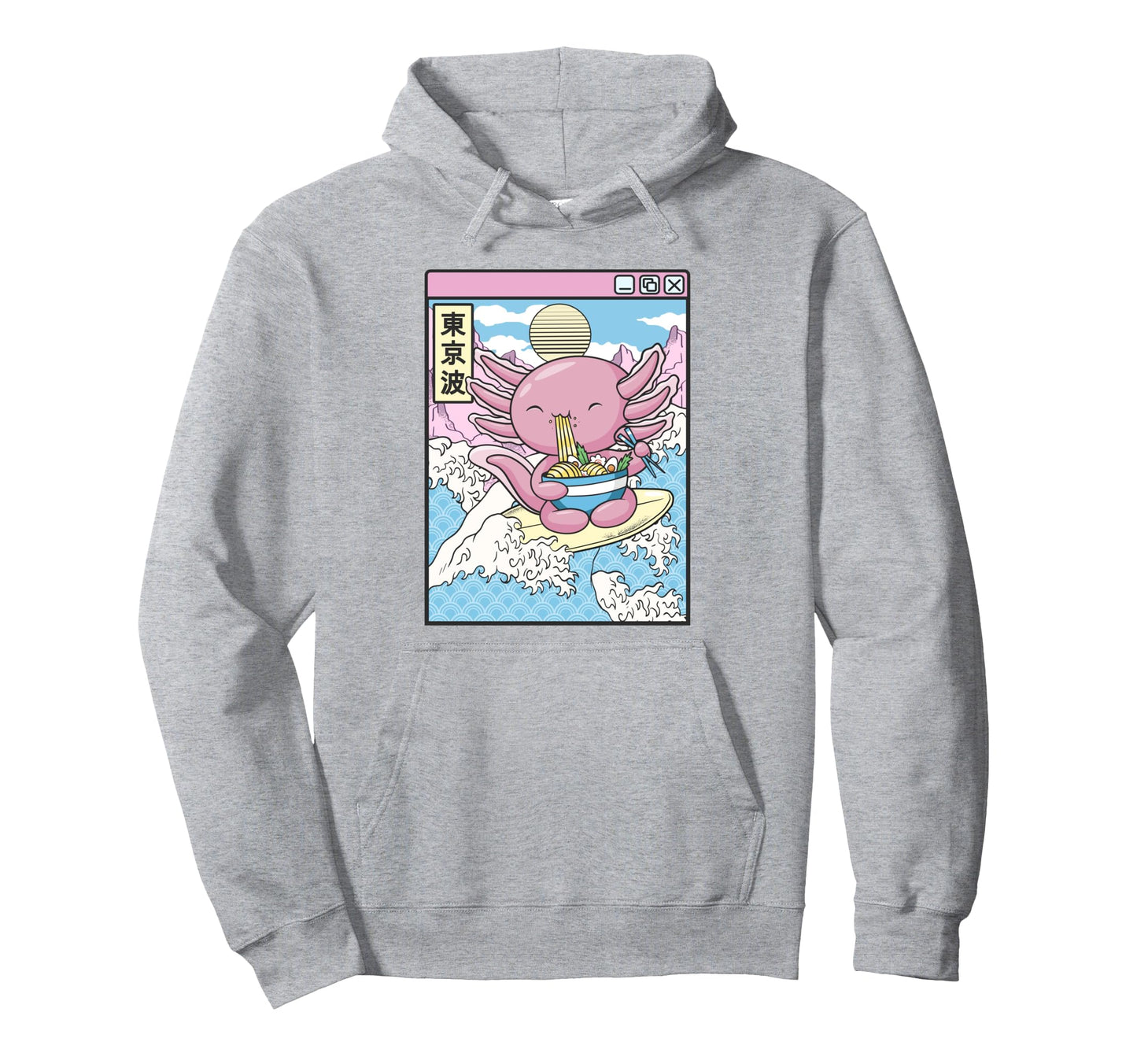 Axolotl Eating Ramen Surfing Japan Hoodie - Unique Graphic for Adults - T-Shirt, Sweatshirt, Hoodie