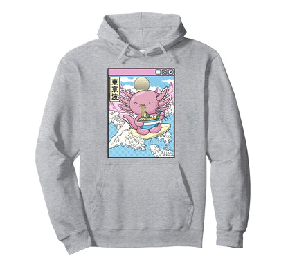 Axolotl Eating Ramen Surfing Japan Hoodie - Unique Graphic for Adults - T-Shirt, Sweatshirt, Hoodie