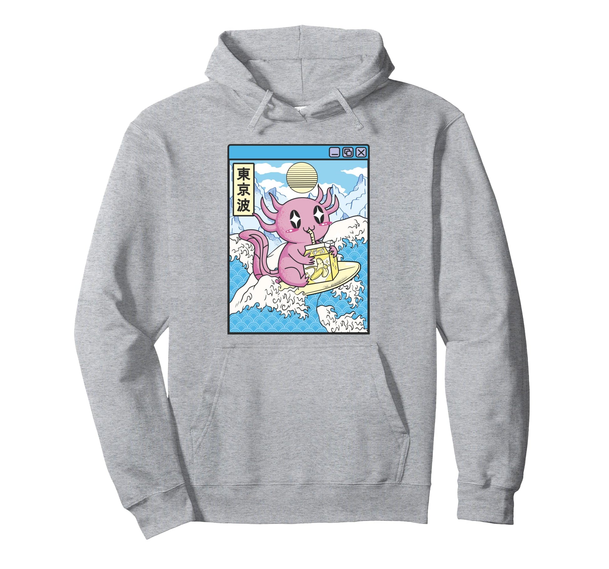 Surfing Axolotl Drinking Banana Milk Hoodie - Custom Art Print Men Women - T-Shirt, Sweatshirt, Hoodie