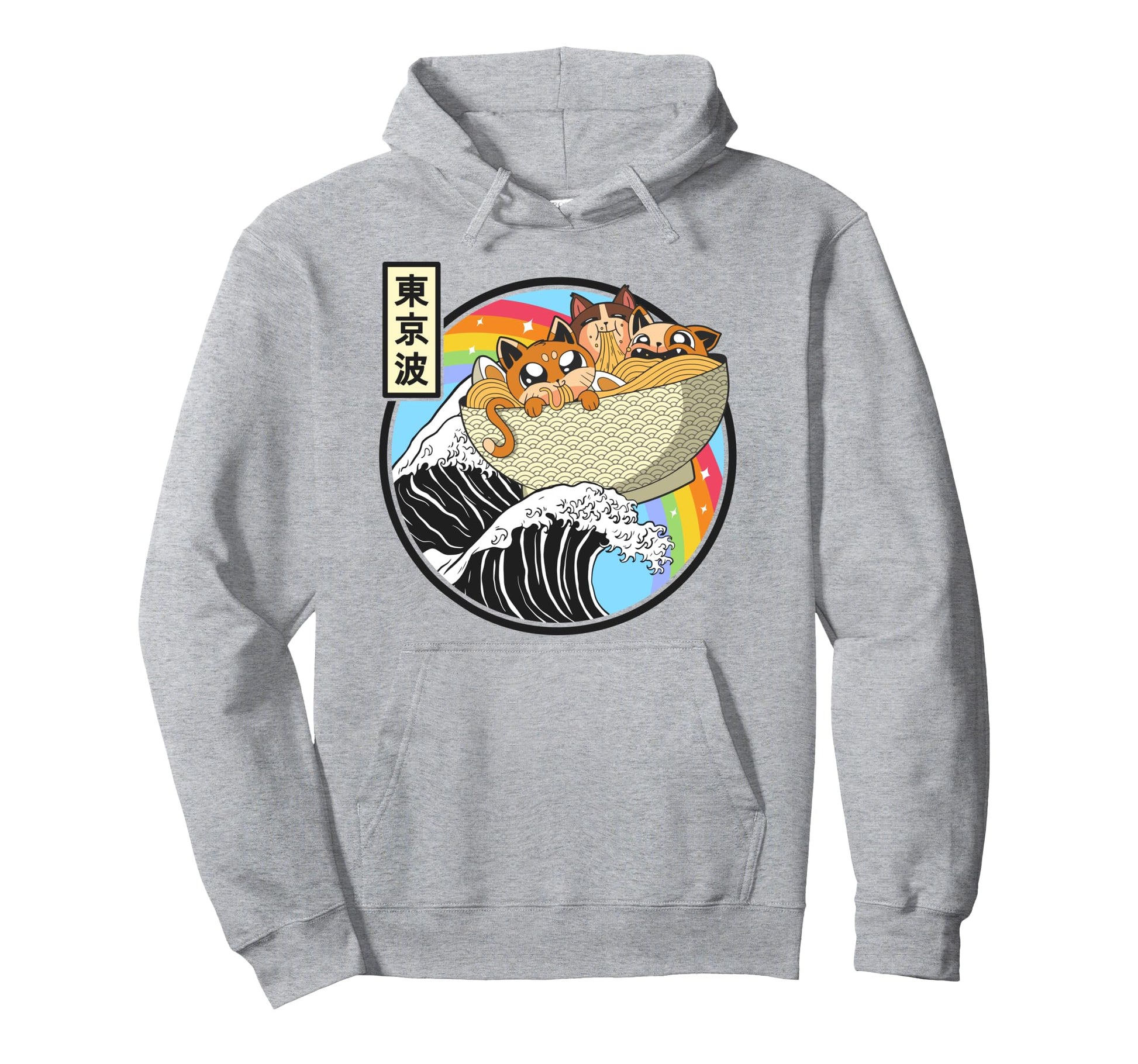 Cats Eating Ramen Kanagawa Wave Kawaii Hoodie - Minimalist Print Men Women - T-Shirt, Sweatshirt, Hoodie