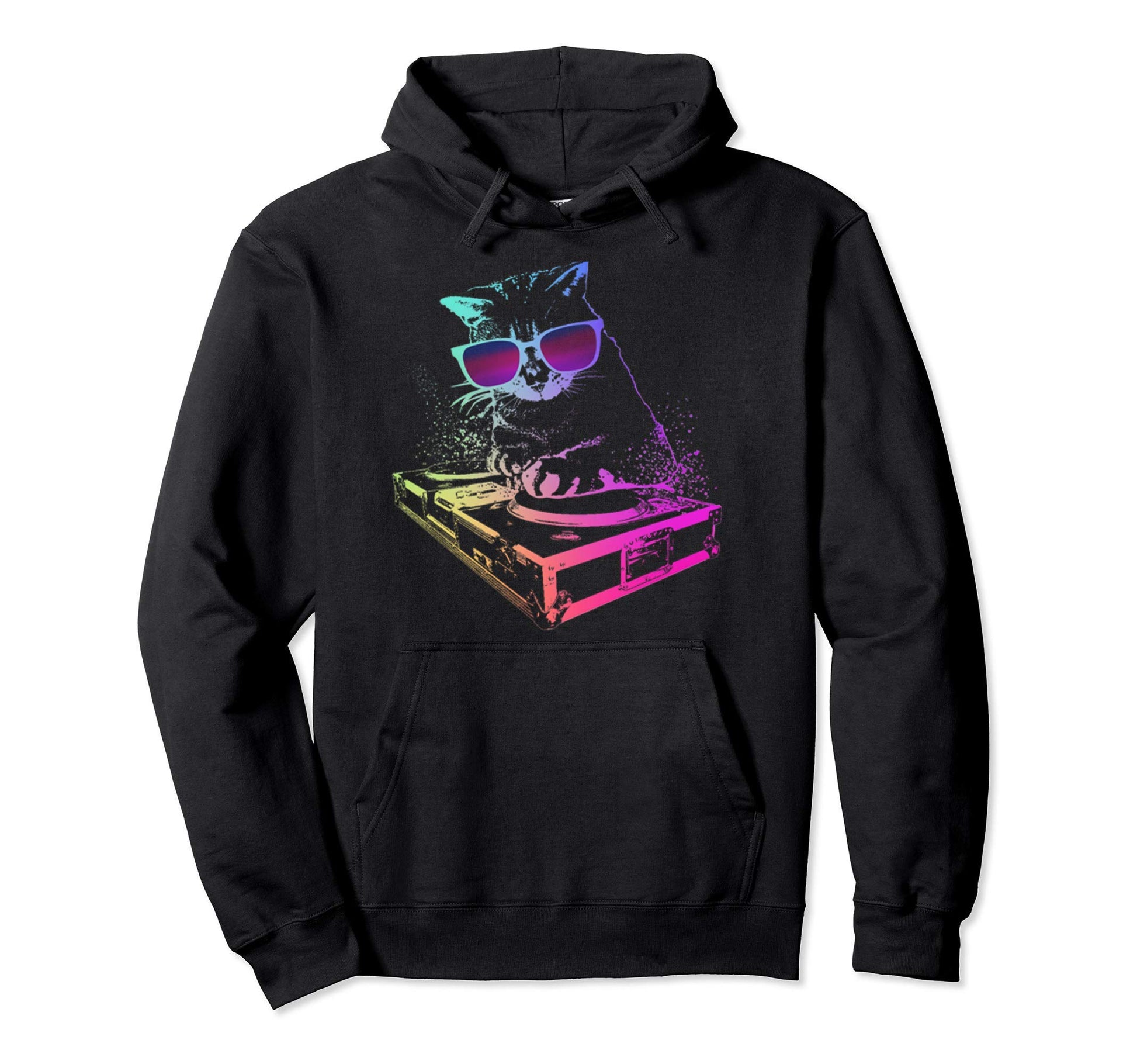 Rainbow Dj Cat Music Lover Kitty Hoodie - Fun Novelty Design Men Women - T-Shirt, Sweatshirt, Hoodie