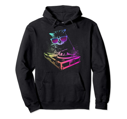 Rainbow Dj Cat Music Lover Kitty Hoodie - Fun Novelty Design Men Women - T-Shirt, Sweatshirt, Hoodie