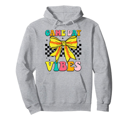 Game Day Vibes Coquette Bow Softball Mama Hoodie - Graphic Print Unisex - T-Shirt, Sweatshirt, Hoodie