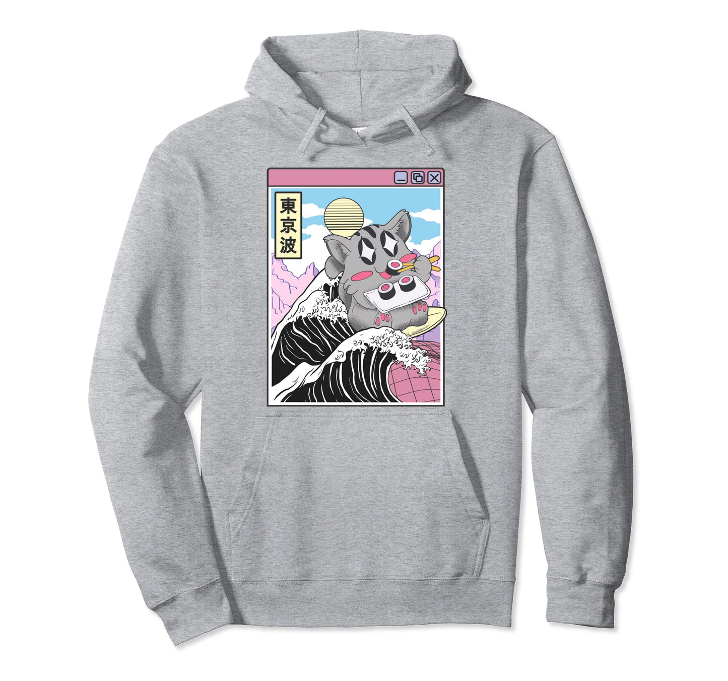Cat Eating Sushi Surfing Kanagawa Hoodie - Fun Novelty Design Men Women - T-Shirt, Sweatshirt, Hoodie