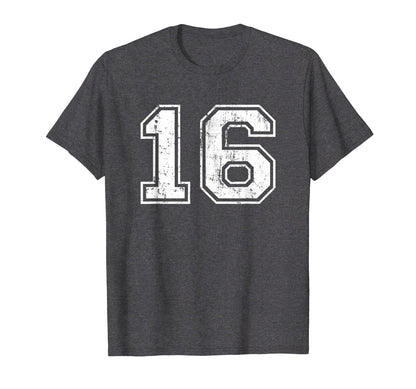 Number 16 Varsity Distressed Sports T-Shirt - Trendy Graphic for Adults - T-Shirt, Sweatshirt, Hoodie