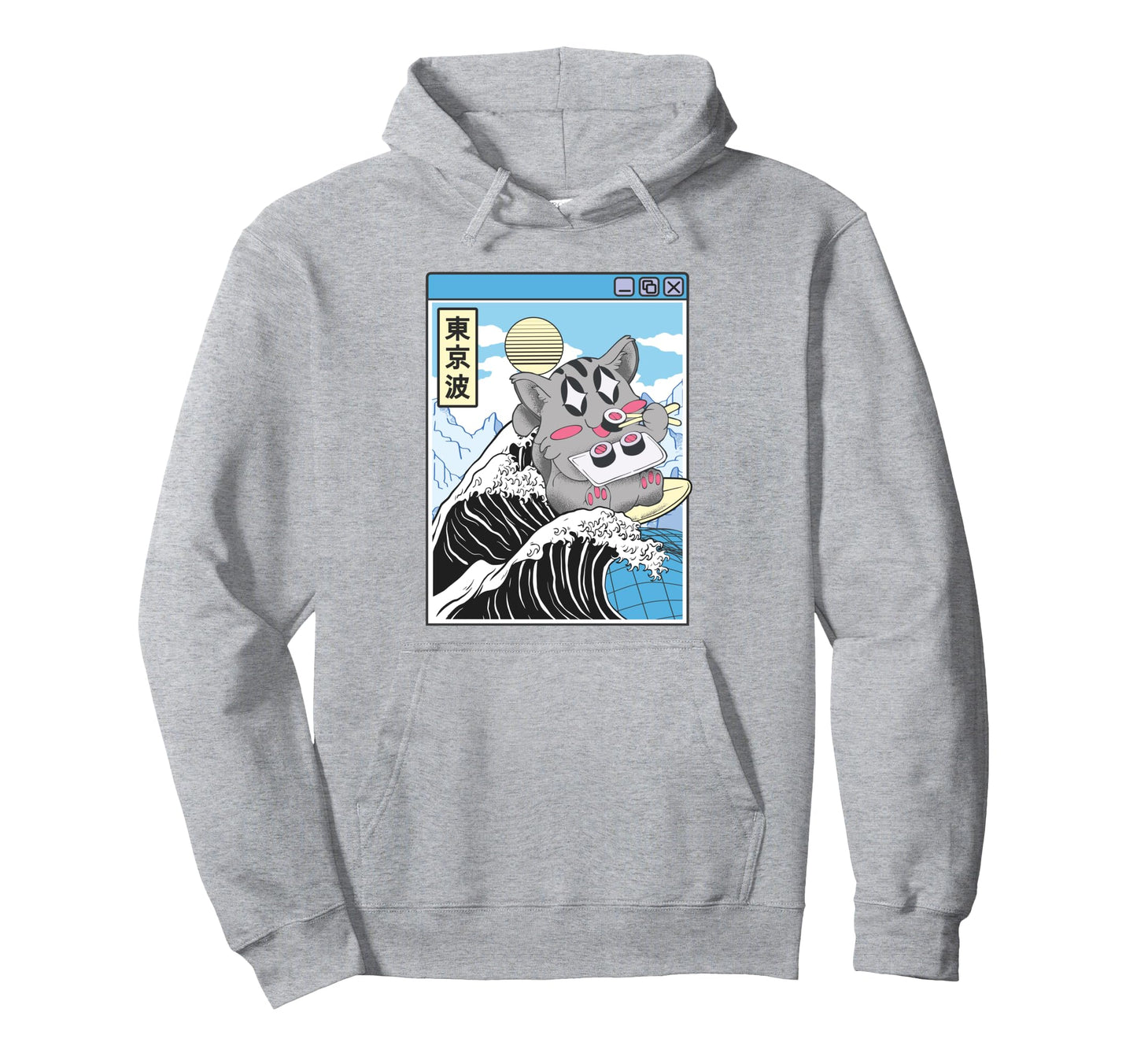 Cat Eating Sushi Surfing Kanagawa Hoodie - Casual Everyday Wear Men Women - T-Shirt, Sweatshirt, Hoodie